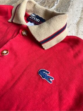 Lacoste Red Polo with Beige Stripe Collar and Blue Croc